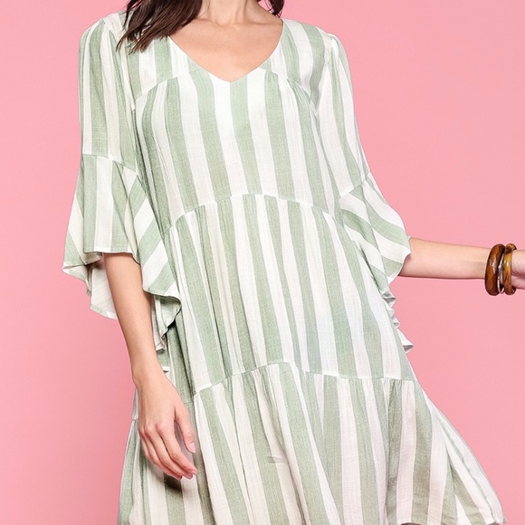 Stripe V-Neck Tier Dress with Bell Sleeves - Picture 2 of 8